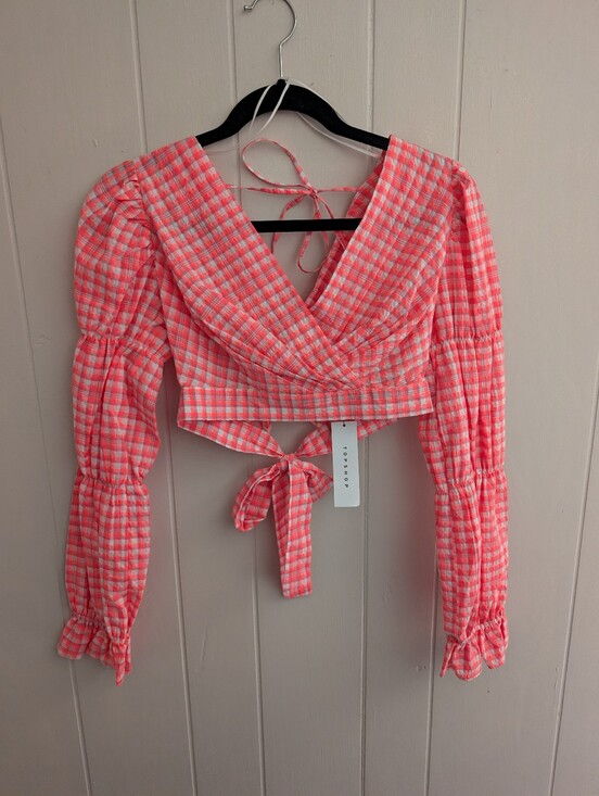 Topshop Denim - NWT Topshop Bright Pink Gingham Plaid Long Sleeve Crop Top